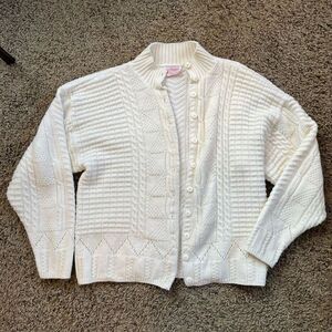 Vintage 50s Beldock Popper Cable Knit Cardigan in Cream, Made in USA, Granny